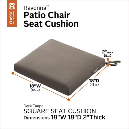Classic Accessories Ravenna Water-Resistant Patio Chair Seat Cushion, 18 x 18 x 2 Inch, Dark Taupe 62-176-011001-EC